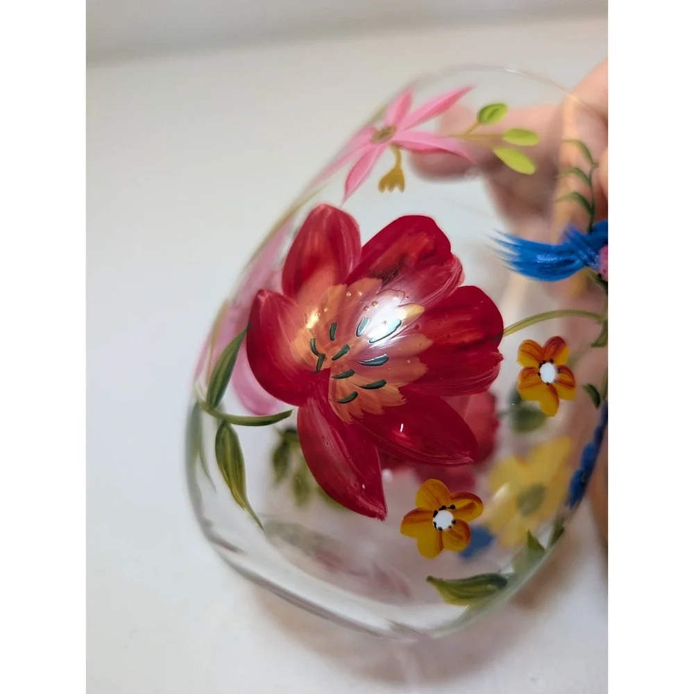 Pier 1 Happy Blooms Hand Painted Stemless Wine Glasses Birds FlowersSet of 5